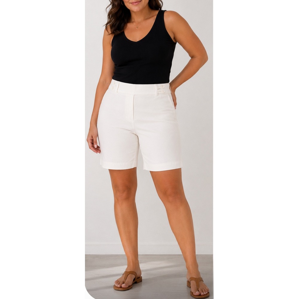 Worthington Curvy Fit White Bermuda Shorts Size 16 Button Detail Cotton Blend